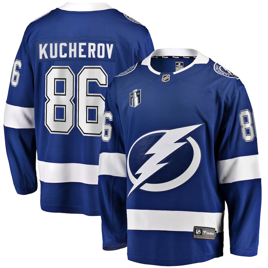 Men Tampa Bay Lightning #86 Nikita Kucherov Fanatics Branded Blue Home Stanley Cup Final Breakaway Player NHL Jersey